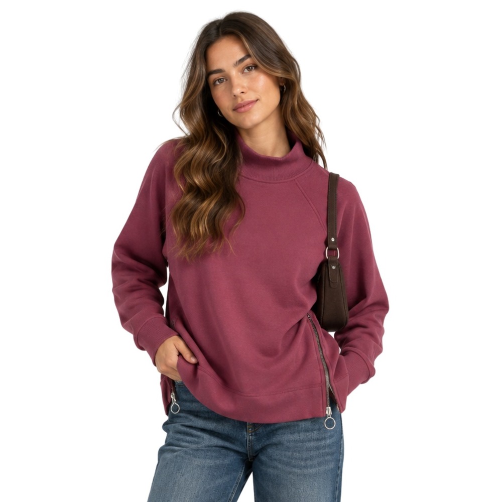 Athleta Sweater Womens Medium Red Cozy Karma Side Zip Funnel Neck Sweatshirt